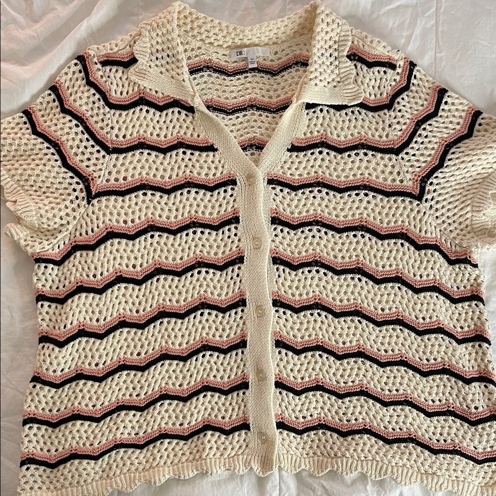 DR2 Knit Cardigan with Cream, Pink, and Black Waves